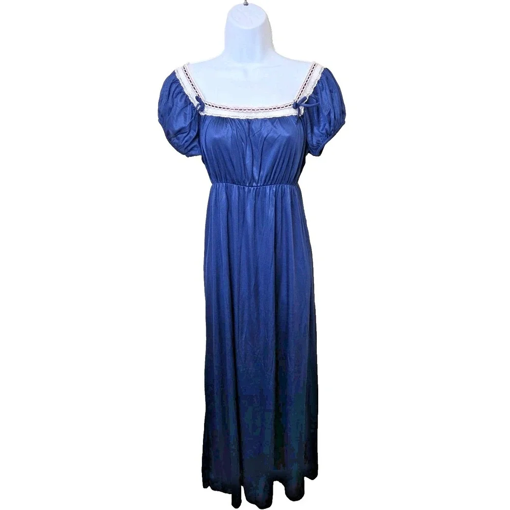 Vtg‎ 70s Dark Romantic Long Nightgown Nylon Lace Bows Off Shoulder Puff Sleeve M